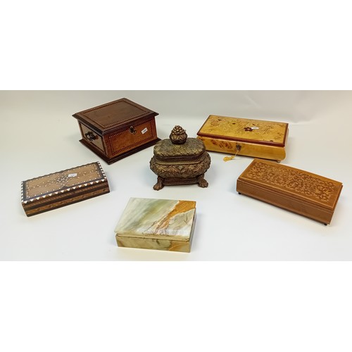 364 - Collection of vintage boxes to include ornate jewllery box, fine inlay music box, marquetry box etc