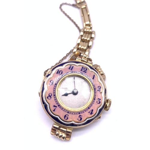 11 - 9ct Gold Movement Watch, pink enamelled front and gold plated strap