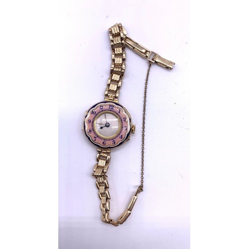 11 - 9ct Gold Movement Watch, pink enamelled front and gold plated strap