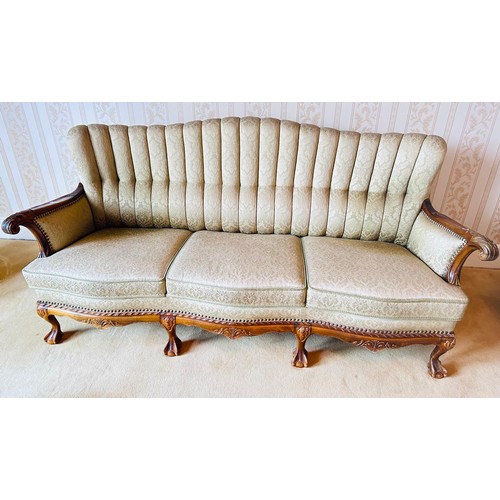 200 - 19th century parlour settee, the scalloped shaped back above scroll arms and sprung seat, raised on ... 