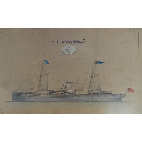 158 - Antique fine line coloured etching titled ''S. S St Rognvald''
[50 x70cm]