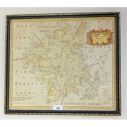 169 - Robert Morden
A framed hand coloured map, Worcestershire. 1st Edition 1695
