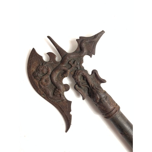 93 - Decorative cast iron headed axe with dragon design and wooden shaft 
Length - 46cm