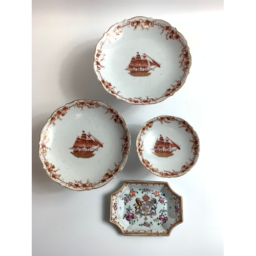 99 - Three Chinese export porcelain pedestal plates and Armorial dish