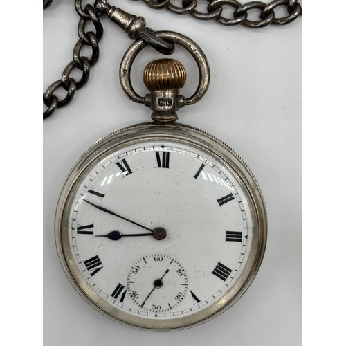 36 - Silver pocket watch and chain with protective case
Dennison Watch Case Co