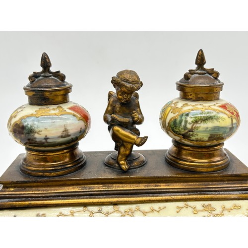 3 - Late 19th century gilt metal and porcelain desk inkstand the shaped base with full width porcelain p... 