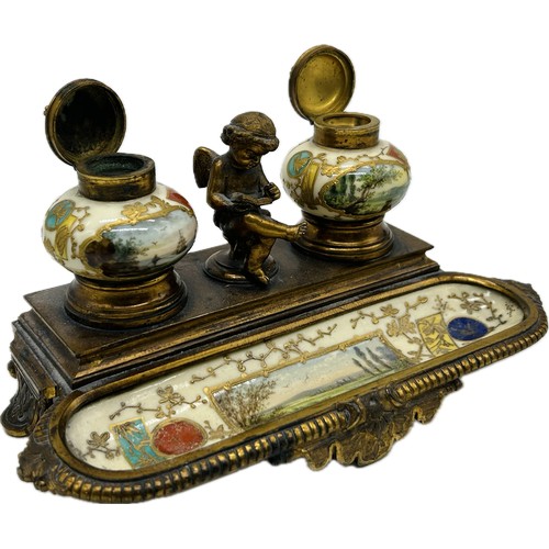 3 - Late 19th century gilt metal and porcelain desk inkstand the shaped base with full width porcelain p... 