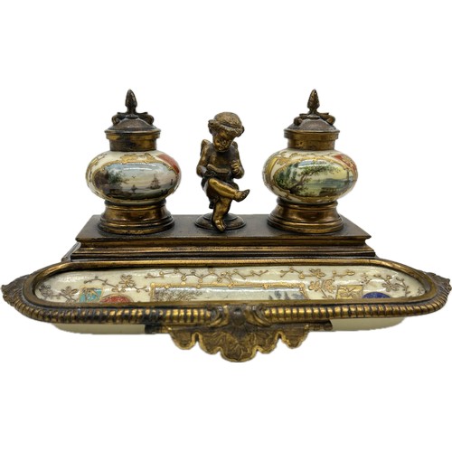 3 - Late 19th century gilt metal and porcelain desk inkstand the shaped base with full width porcelain p... 