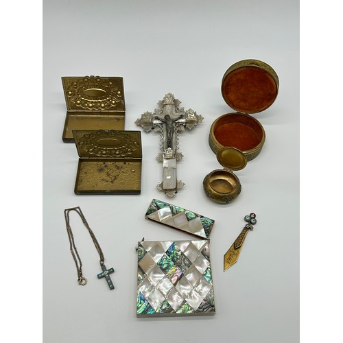 1 - 19th century mother of pearl and abalone card case, late 19th century crucifix, with engraved and ca... 