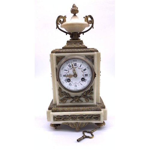 66 - French Louis XVI style clock and pair of candelabra garnitures white marble , brass detailing and ha... 