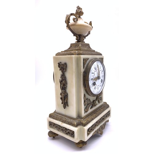 66 - French Louis XVI style clock and pair of candelabra garnitures white marble , brass detailing and ha... 