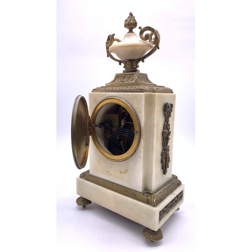 66 - French Louis XVI style clock and pair of candelabra garnitures white marble , brass detailing and ha... 