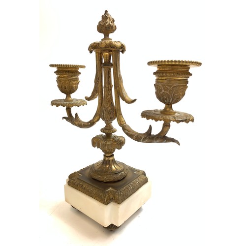 66 - French Louis XVI style clock and pair of candelabra garnitures white marble , brass detailing and ha... 