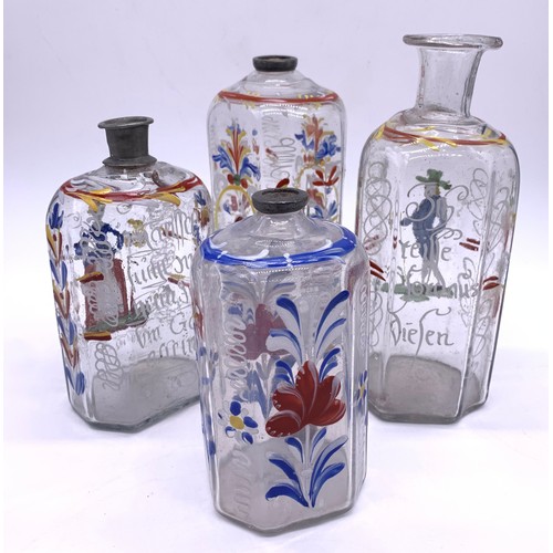 93 - Collection of hand painted 18th century German glass flasks