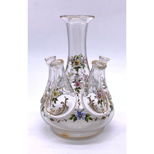 68 - Pair of hand painted glass five spout flower vases 
Height - 17cm