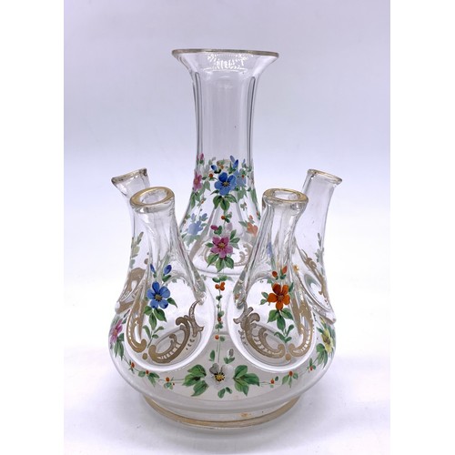 68 - Pair of hand painted glass five spout flower vases 
Height - 17cm