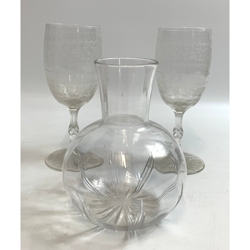 116 - Collection of glassware to include pair of Edwardian etched glasses and decanters