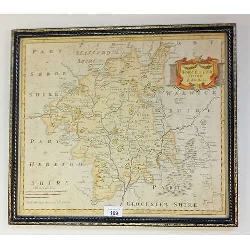 111 - Robert Morden
A framed hand coloured map, Worcestershire. 1st Edition 1695