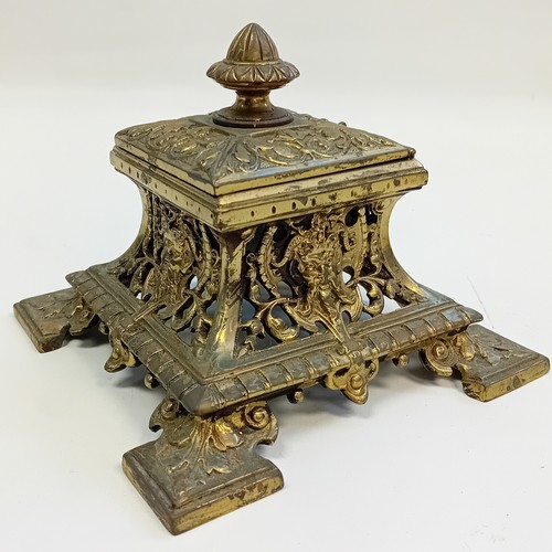 144 - Antique German Baroque Style Ornate Pierced Brass Inkwell