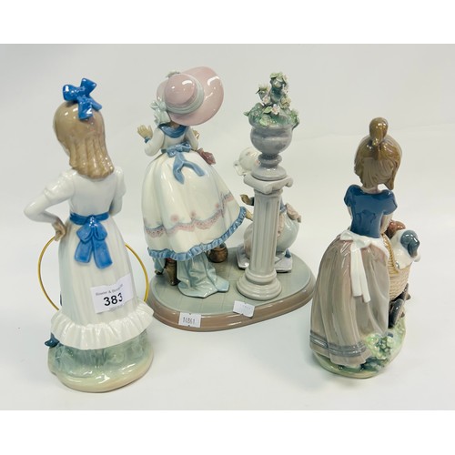 255 - Three porcelain figures; Lladro figure group 'A Stitch In Time', Lladro figure 'My Dog Does Tricks',... 