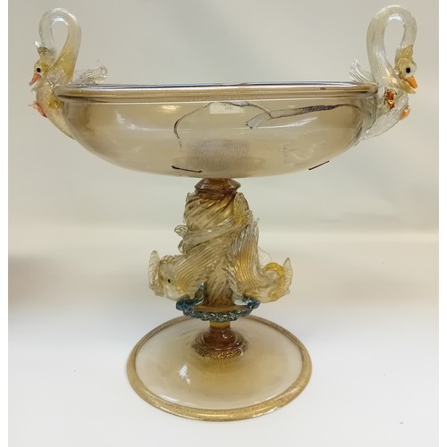 256 - Antique Italian Murano Venetian Glass Centrepiece with swan handles and Koi Fish design. Together wi... 