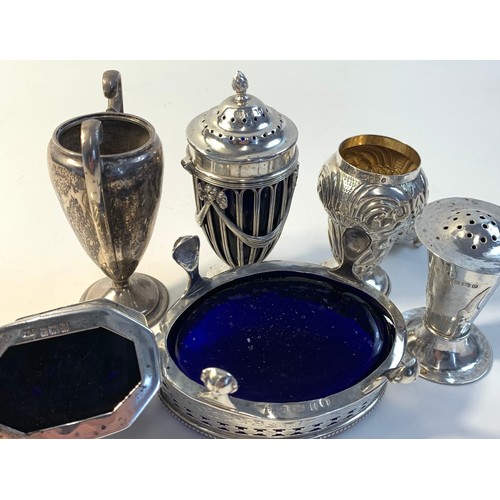 61 - Collection of silver cruets and small trophy, various makers to include pepper pot, George Unite & S... 