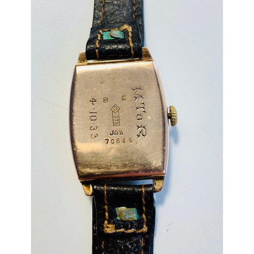 73 - 1930s 9ct gold cased wrist watch, tonneau shaped case, Arabic numerals, subsidiary seconds dial, lea... 