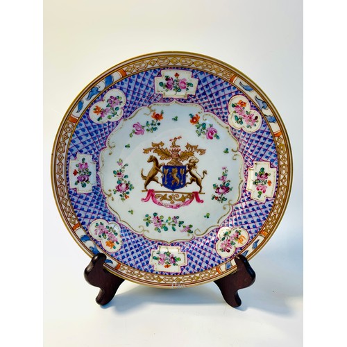 124 - Two Samson of Paris 18th century Chinese armorial plates, central armorials, trellis and floral spra... 