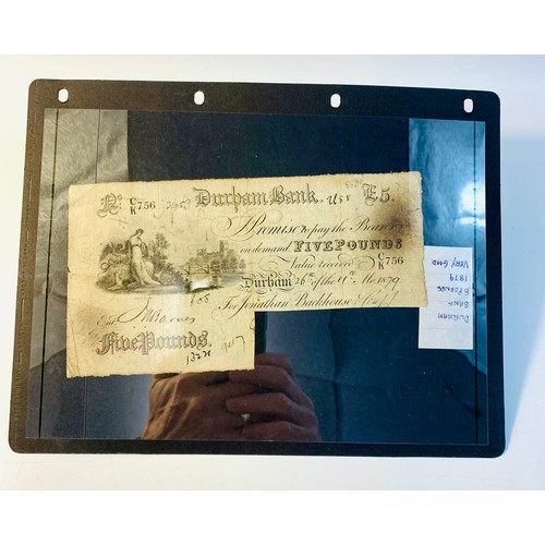 97 - English banks an album various 19th and 20th century banknotes etc.
Durham Bank £5 1879; Stockton on... 