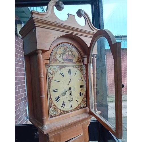 332 - 19th Century oak longcase Grandfather clock, hand painted face with weight and pendulum