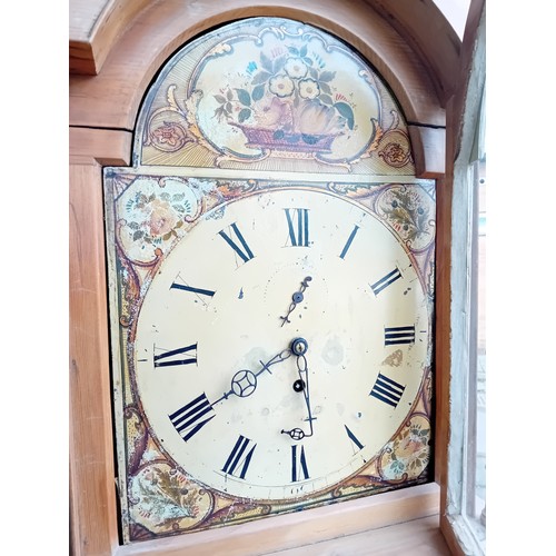 332 - 19th Century oak longcase Grandfather clock, hand painted face with weight and pendulum