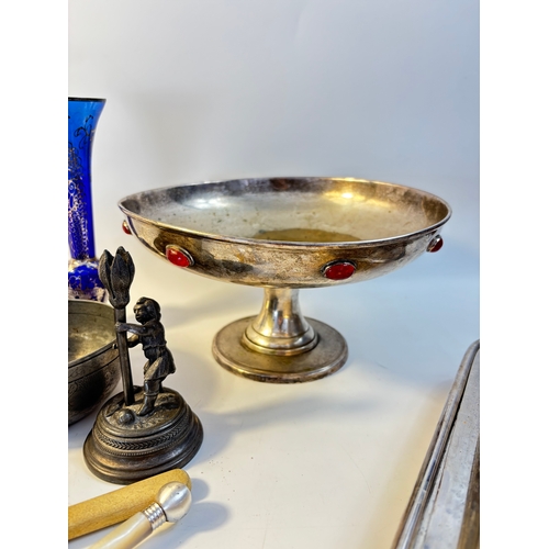 134 - Collection of silver plated ware to include  Arts and Crafts silver plated pedestal bowl, silver ove... 