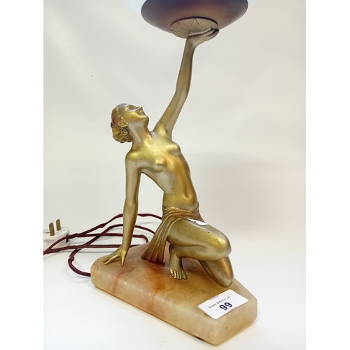 99 - Art Deco Figural Table Lamp on onyx base with glass shade
[Approx 47cm with shade]