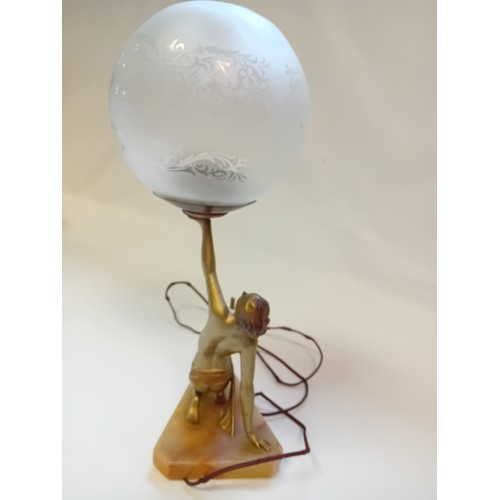 99 - Art Deco Figural Table Lamp on onyx base with glass shade
[Approx 47cm with shade]