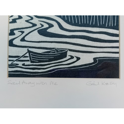 185 - Gail Kelly
Lino Cut on fine Irish Linen titled ''Sail Away With Me'', signed.
[Frame 62x39cm]