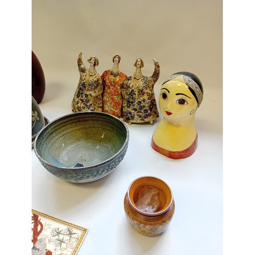 266 - Mixed lot of collectable odds to include pottery glaze ceramic bowl, lady figures, vase, tiles and  ... 