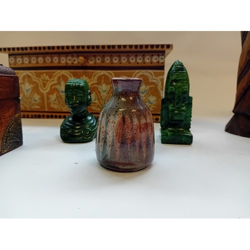 267 - Two Inlaid boxes, Vintage wooden carved religious figure, ceramic glazed vase and resin figures.