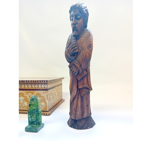 267 - Two Inlaid boxes, Vintage wooden carved religious figure, ceramic glazed vase and resin figures.