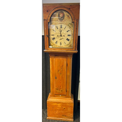 318 - A 19th Century Grand-father clock, the hand painted face with floral and bird design and roman numer... 