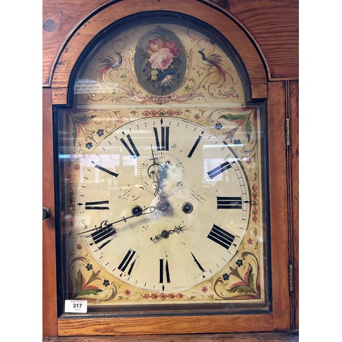 318 - A 19th Century Grand-father clock, the hand painted face with floral and bird design and roman numer... 