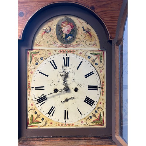 318 - A 19th Century Grand-father clock, the hand painted face with floral and bird design and roman numer... 