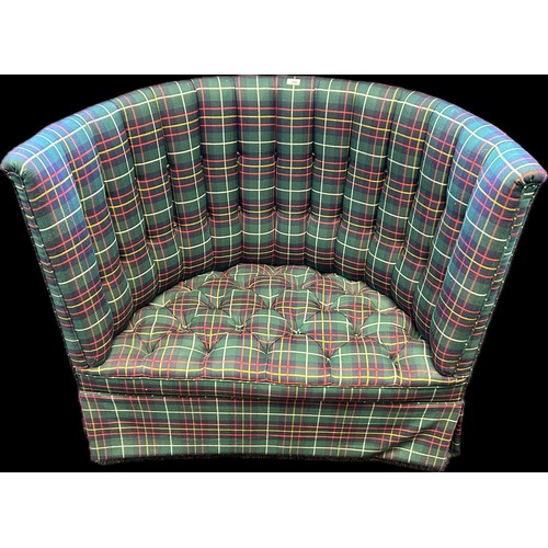 242 - A high back double seat drum chair, recovered in a tartan upholstery with button detail. [76.5x118cm... 