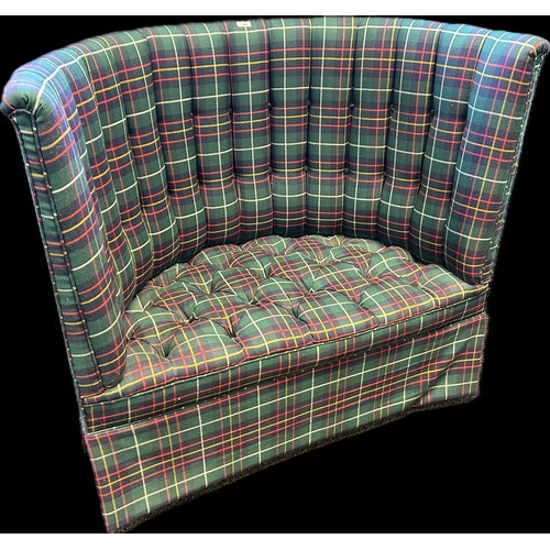 242 - A high back double seat drum chair, recovered in a tartan upholstery with button detail. [76.5x118cm... 