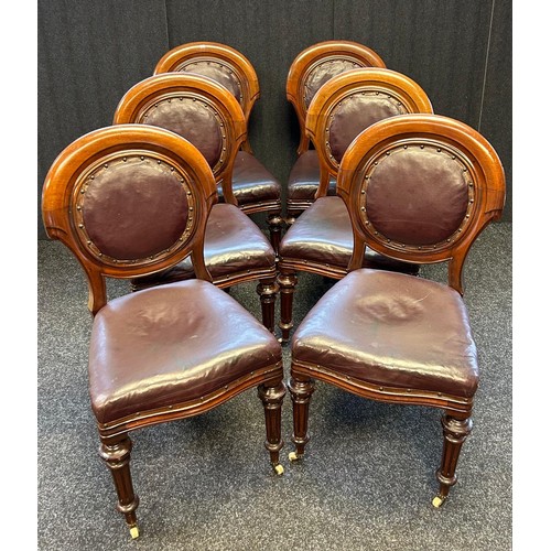 224 - Set of six Victorian mahogany chairs, the shaped circular back above shaped seats covered in brown l... 