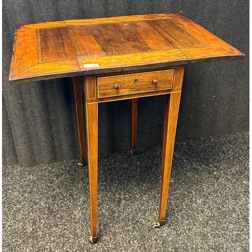 221 - Early 19th century mahogany and satinwood crossbanded drop leaf work table, the shaped drop flaps ab... 