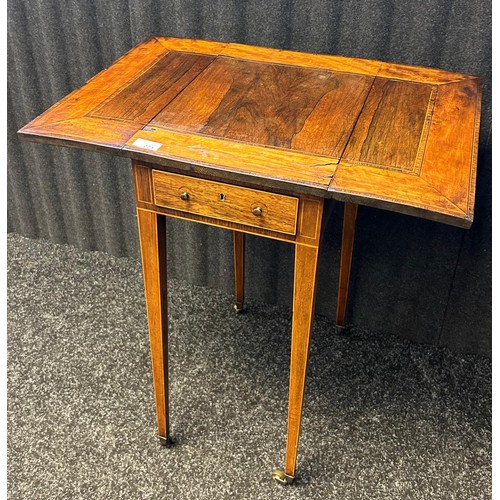 221 - Early 19th century mahogany and satinwood crossbanded drop leaf work table, the shaped drop flaps ab... 