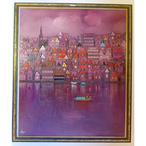 150A - Bill Tolley 
Original Textured Oil Artwork ''Houses At The Waters Edge'', Signed and Dated '99
[Fram... 