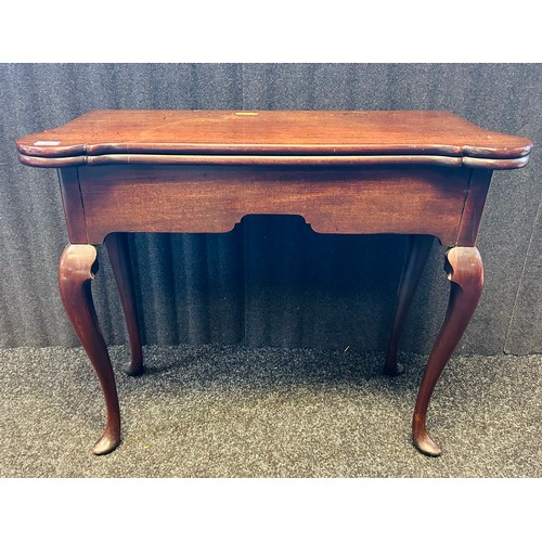 302 - A 19th century mahogany flip top table the shaped surface opening to centre surface with needle work... 