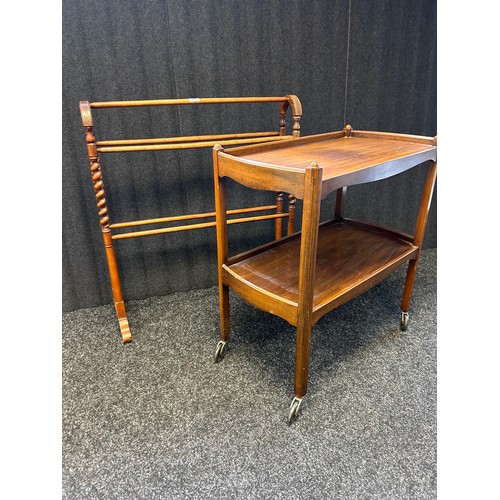 338 - Antique towel rail together with mid century trolley table