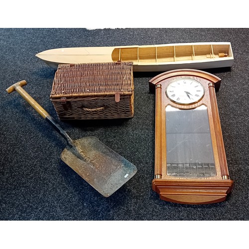 441 - Mixed lot to include vintage Railway shovel, Contemporary wall clock, model wooden boat and wicker b... 